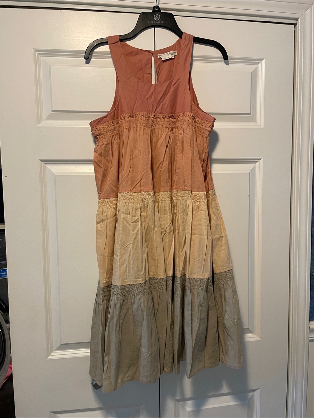 To the Max Sleeveless Tiered Midi Dress in Rust, Cream & Taupe